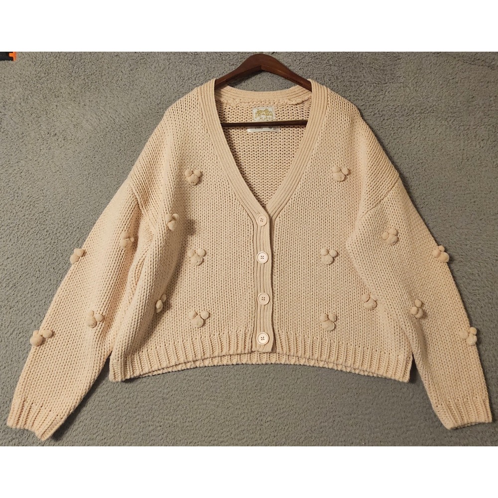 Disney Parks Mickey Mouse Pom Pom Shaker Knit Cardigan Pink Gold Women's Size XL